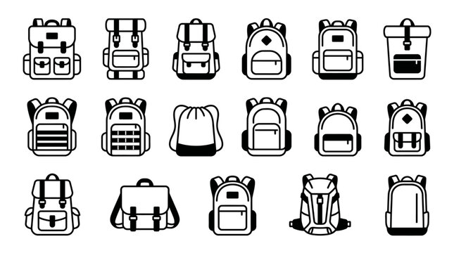 Set of minimalist backpack icons in black and white showing school, hiking, travel, and urban backpacks for UI design, branding, and print.