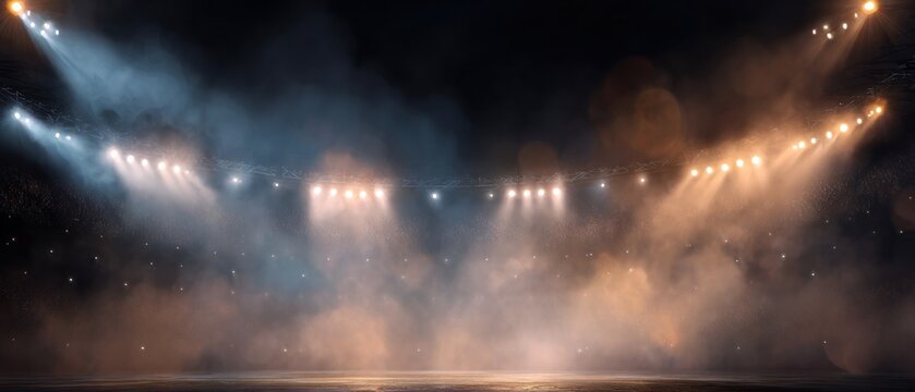 Spotlights illuminating a smoky arena