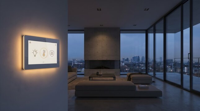 Smart home control panel mounted on wall in modern luxury apartment at night.
