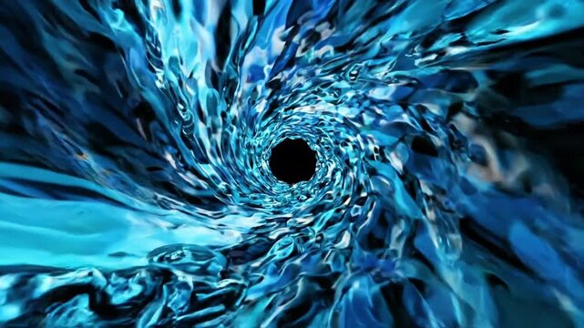 A smooth abstract 3D water tunnel animation rotating gently against a black background with alpha channel transparency. Fluid reflections 