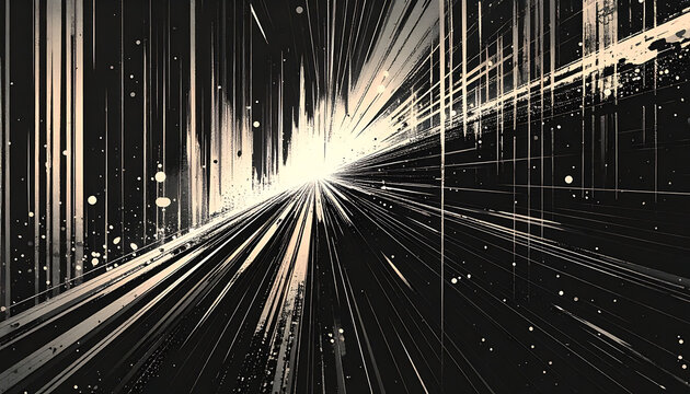 Abstract streaks of light and particles exploding from a central point, dynamic motion blur, dark futuristic background, sense of speed and energy