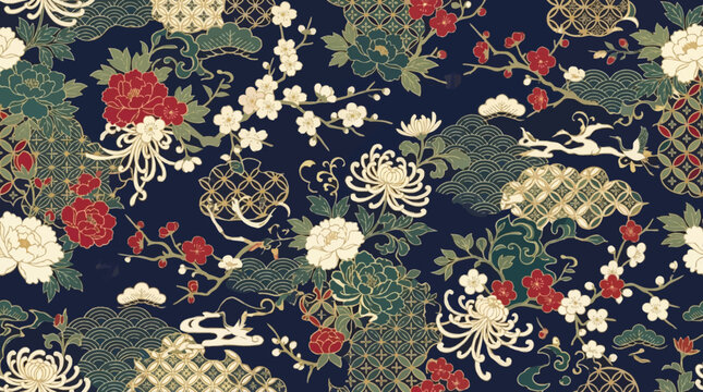 Elegant kimono inspired seamless pattern, floral Japanese ornaments and oriental geometric motifs, flat vector luxury style