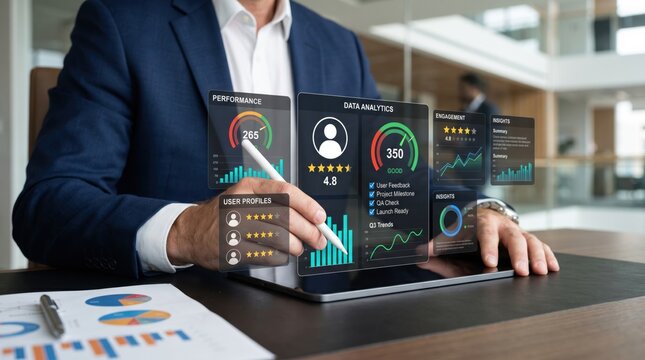 Businessman analyzing performance data analytics on futuristic dashboard, checking user profiles and engagement metrics with stylus on tablet in office.