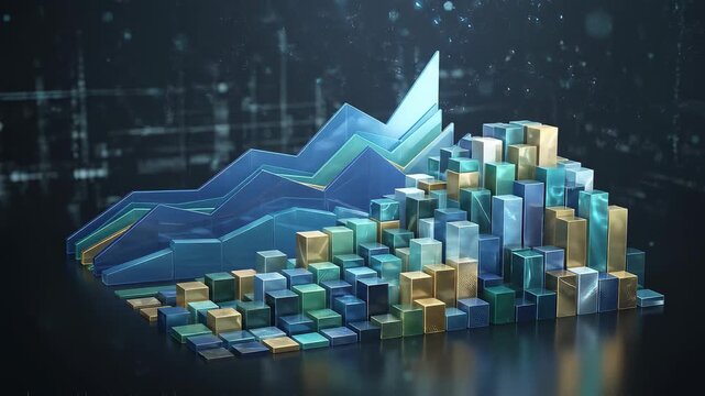 Abstract 3D financial data visualization with rising charts and city blocks.