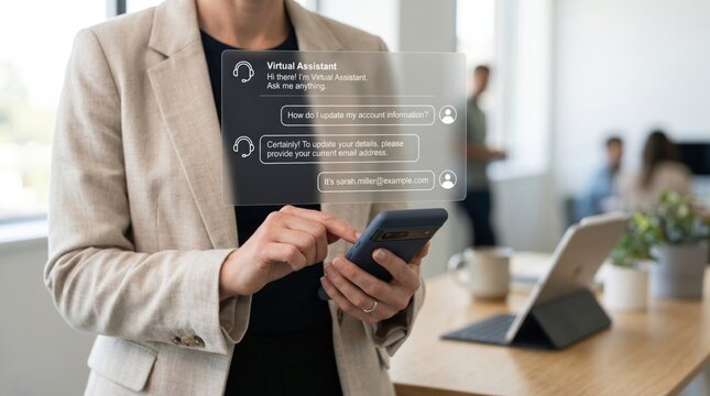 Professional woman using smartphone with virtual assistant AI chat interface for customer support and account management tasks.