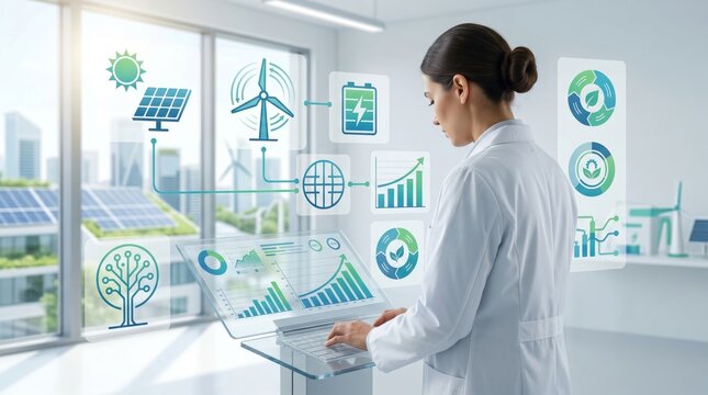 Female scientist in lab coat monitoring renewable energy grid on transparent laptop with holographic icons of solar panels, wind turbines, batteries, and sustainability charts for