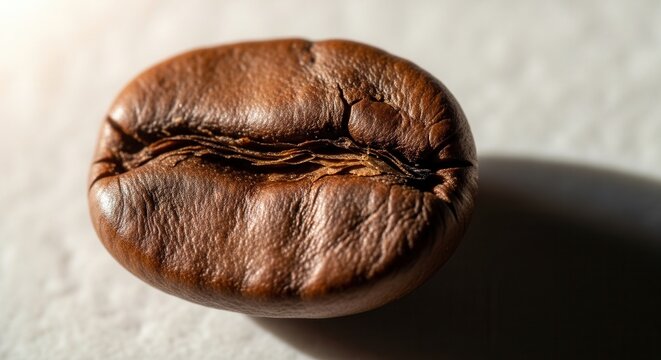 Close-up macro shot of a single roasted coffee bean with detailed texture and shadow.