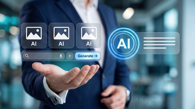 Man holding virtual interface with AI image generation icons, search bar and generate button, representing artificial intelligence technology and creative digital content creation