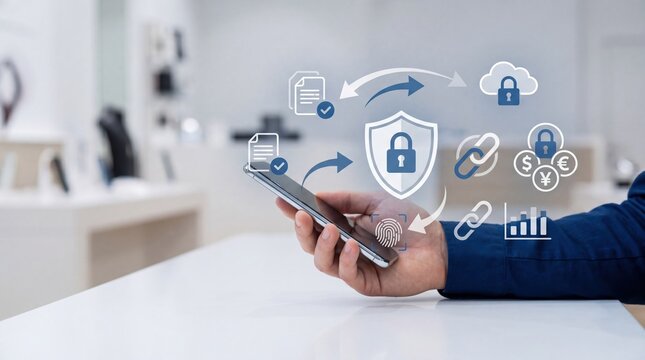 Hand holding smartphone with blockchain security icons, encrypted data transfer, cloud storage, digital currency and financial charts, mobile banking and crypto technology concept.