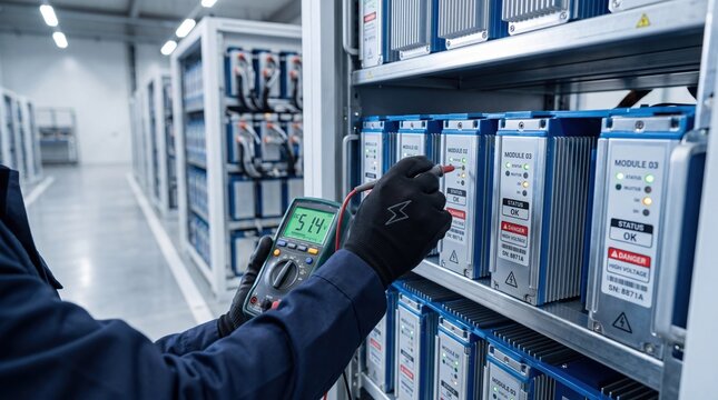 Industrial technician measuring voltage on battery modules with multimeter, energy storage maintenance in server room, electrical engineering safety check and diagnostics.