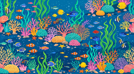 Flat vector ocean seamless pattern, coral reefs, tropical fish and seaweed, colorful marine illustration © Maftuh