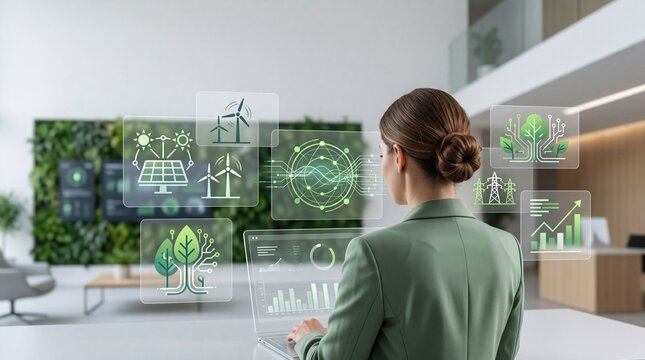 Professional woman analyzing holographic data charts of wind turbines and solar panels in modern office, focusing on renewable energy statistics and sustainable business growth