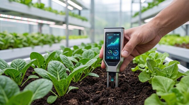 Hand holding smart soil sensor device measuring pH and moisture levels in greenhouse hydroponic farm, displaying real-time agricultural data for precision farming and crop