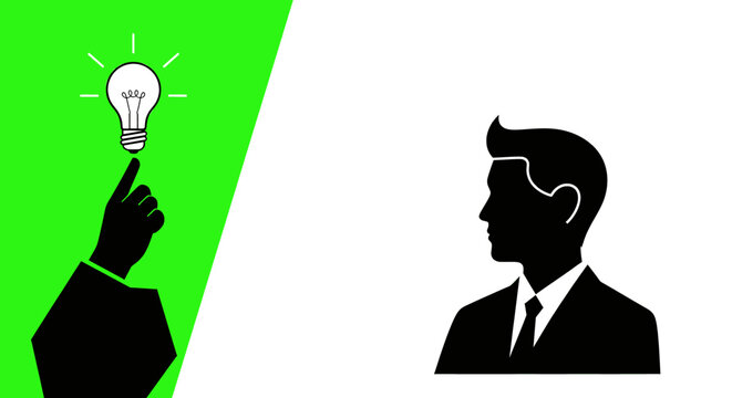 Conceptual illustration of a business professional having a new idea or finding a solution, depicted with a glowing light bulb above a pointing hand next to a man's silhouette.