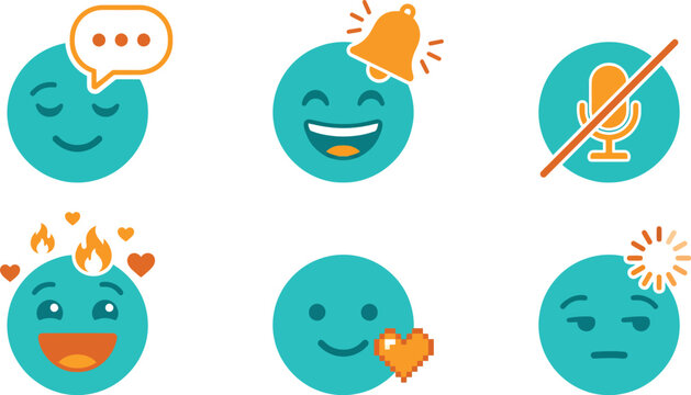 Teal and Orange Social Media Emoticon Set with Communication Icons and Expressions