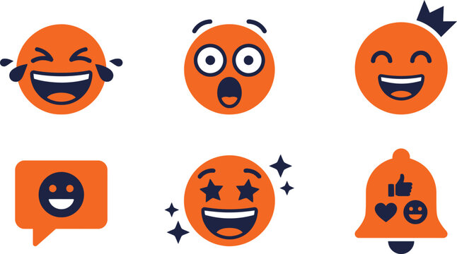 Orange social media emoji icon set with laughing surprised faces and notification bell vector