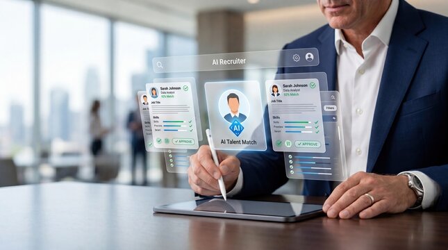 AI recruiter software matching candidate profiles on tablet screen, human resources management and automated hiring process concept