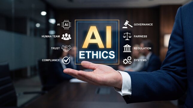 AI ethics governance regulation fairness compliance trust concept, artificial intelligence moral standards and human team collaboration in business meeting room background