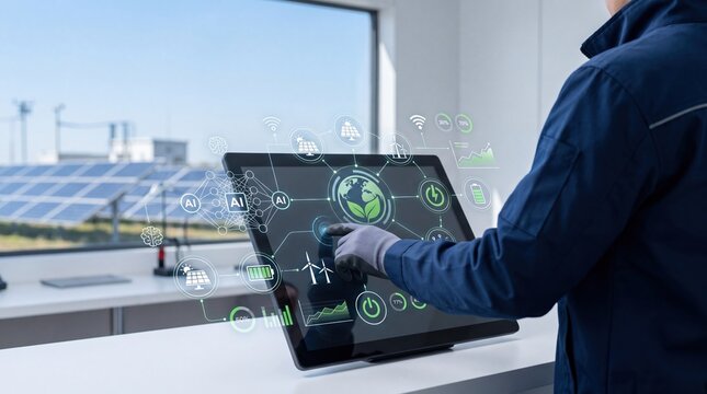 Engineer using tablet with AI interface for smart energy management, monitoring solar panels and renewable power grid efficiency in sustainable technology control room.