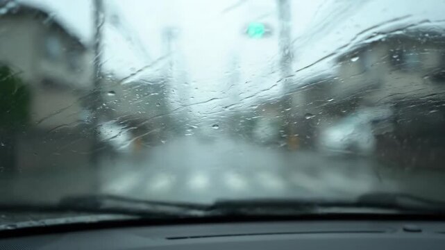 Driving through a rainy city street from inside a car with wet windshield and visible road ahead