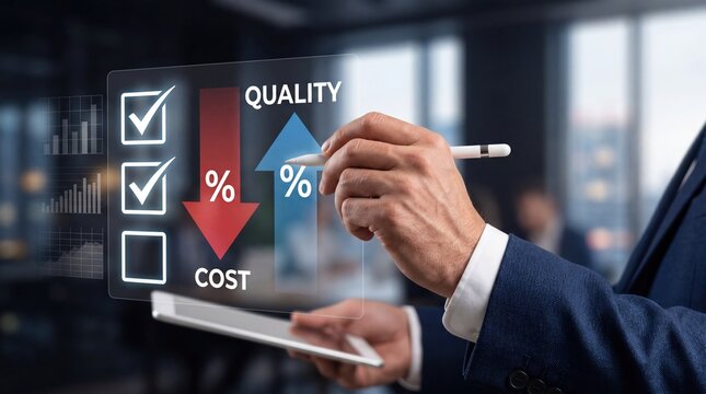 Executive drawing quality up cost down arrows on transparent screen, business strategy for efficiency improvement and budget reduction in corporate management and financial
