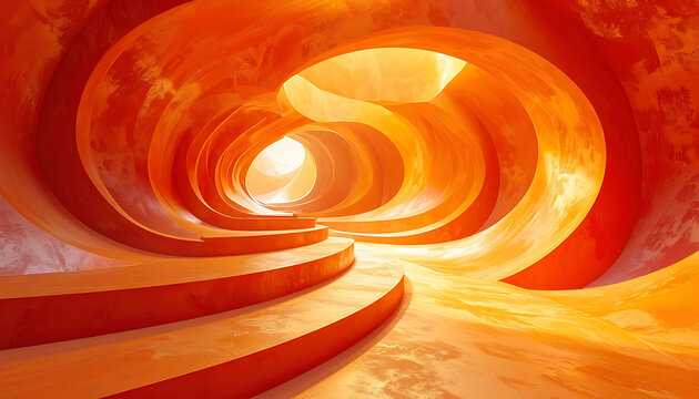 Abstract orange tunnel with swirling organic shapes, illuminated by bright light, creating a futuristic and mysterious atmosphere
