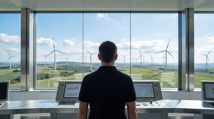 Fototapeta premium Engineer monitoring renewable energy wind farm from high-tech control room, viewing turbine performance on screens while looking at landscape through window, sustainable power