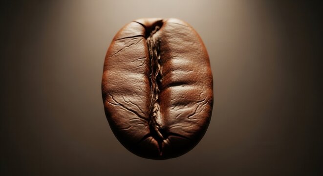 Close-up Macro Shot of a Single Roasted Coffee Bean with Detailed Texture.