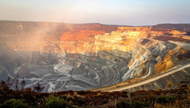 A vast open-pit rare earth mine is beautifully illuminated by the golden light of dawn or dusk, revealing its massive terraced layers and industrial scale.