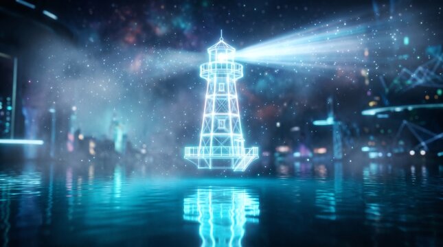 A glowing blue holographic lighthouse stands prominently in a futuristic, misty cityscape with reflections on the water, evoking a sense of advanced technology and navigation.