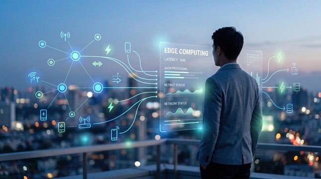 Man looking at futuristic edge computing network interface over city skyline at twilight, IoT connectivity and smart infrastructure concept