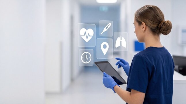 Female nurse using tablet with floating medical icons in hospital corridor, digital healthcare and remote monitoring technology concept