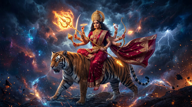 Goddess Durga with Tiger in Celestial Storm Landscape