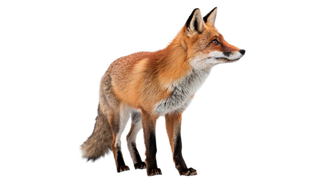 Beautiful wild red fox standing in full length profile view isolated on transparent background cut out