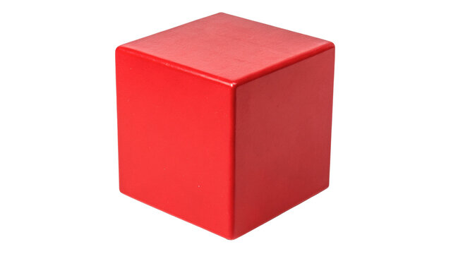 Simple geometric red plastic cube block model element isolated on transparent background cut out
