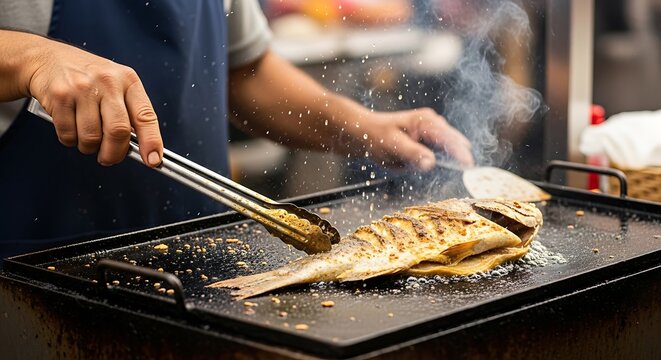 chef using tongs to flip a whole fish being grilled on a flat-top griddle, with steam rising.