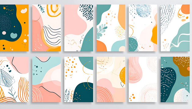 Abstract organic shapes and pixel patterns, pastel color palette, modern background set, seamless digital design elements