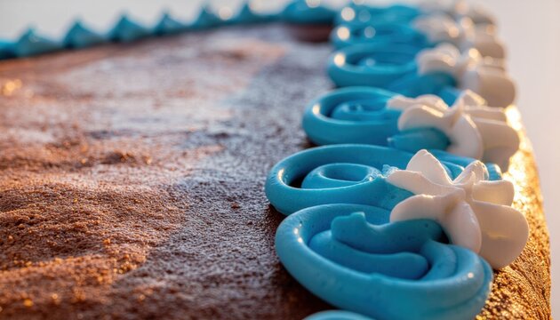 Detailed close-up of blue and white icing border on German gingerbread heart