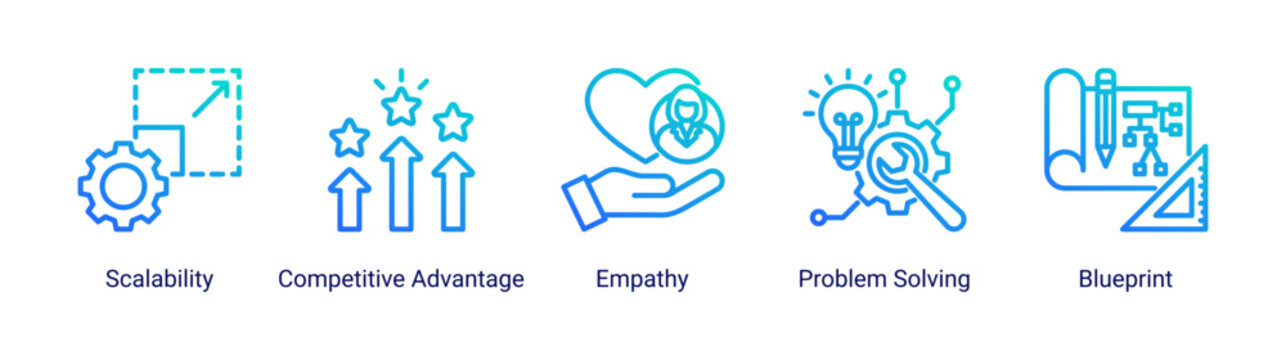 Growth Planning icon set featuring scalability,problem solving,and competitive advantage vector concepts for business expansion strategy.