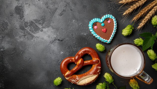Oktoberfest flat lay with beer mug pretzel gingerbread heart hops and wheat