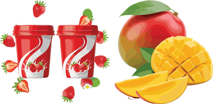 Fresh fruit yogurt and mango vector illustration with strawberry dessert cups and sliced tropical mango isolated on white background
