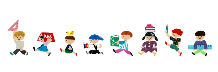 学校の文房具や本を持つ可愛い子供たちのイラスト素材セット