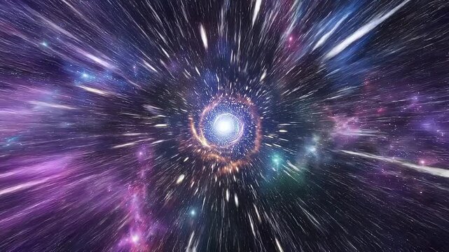 First person hyperspeed flight through tunnel concept. Cosmic space warp tunnel with colorful galaxy stars and bright light in deep universe