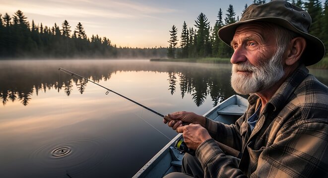 senior man with a beard enjoys a peaceful morning fishing from a boat on a calm lake, with mist rising and trees reflected in the water.
