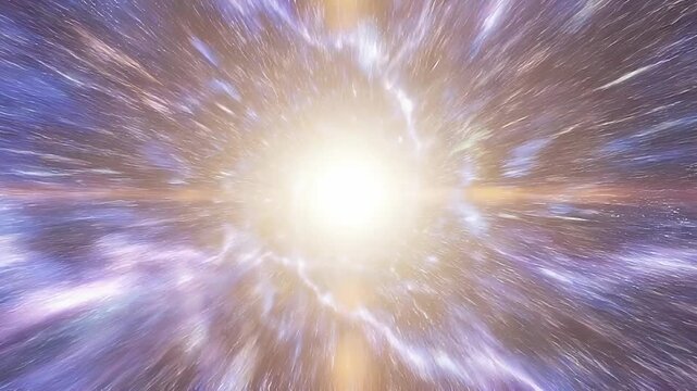 First person hyperspeed flight through tunnel concept. Vibrant cosmic tunnel with swirling stars and glowing light in deep space galaxy background