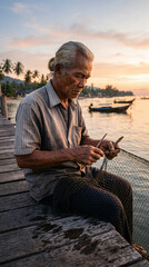 Obraz premium Elderly fisherman repairing fishing net on wooden pier during colorful sunset over water