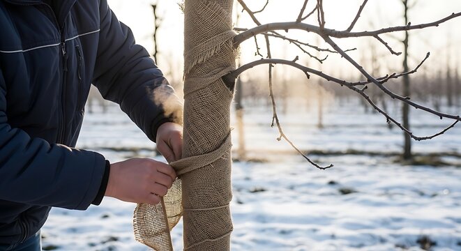 person wraps the base of a young tree with burlap to protect it from cold weather and pests during winter.