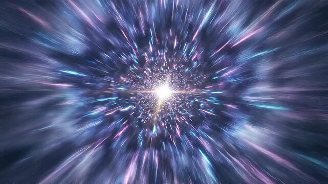 First person hyperspeed flight through tunnel concept. Abstract cosmic tunnel with bright light and colorful space particles creating futuristic galaxy effect