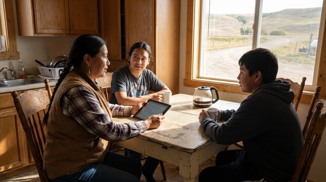Indigenous Family Rural Kitchen Table Tablet Learning Daylight