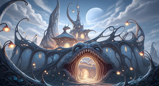 Whimsical Alien Architecture Forms a Majestic Gateway in a Surreal Nightscape